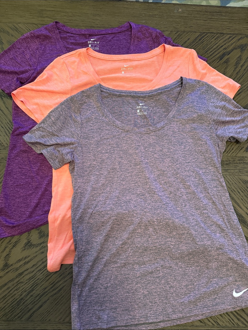 3 Nike Dri-FIT Scoop Neck Tees - Purple, Coral, Heather Gray/Purple